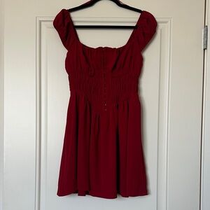 Ruched Bodice Red Midi Dress with Puff Sleeves